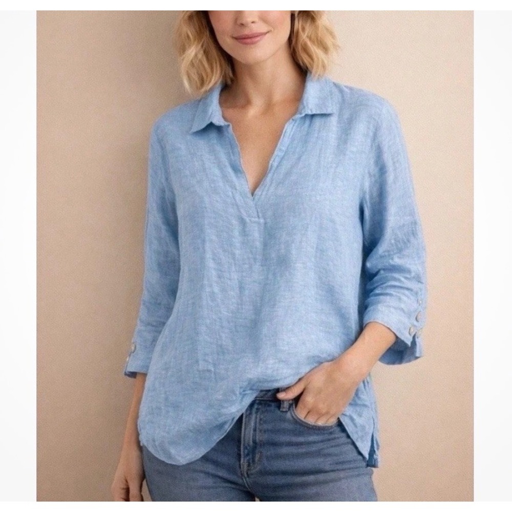 Tahari Medium 100% Linen Blue 3/4 Sleeve Tunic Top V-Neck Lagenlook Minimalist